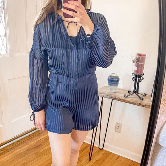 Alice & Olivia Callan Shadow Striped Romper Sapphire Blue - Picture 1 of 7